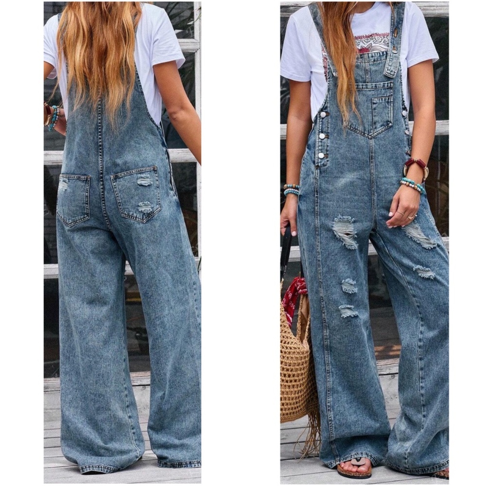 Medium Wash Distressed Wide leg Denim Jean Bib Overalls - Picture 3 of 3